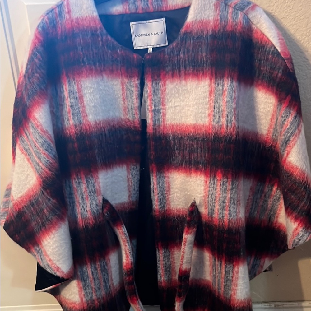 Anthropologie Red and Black Plaid Poncho Sweater